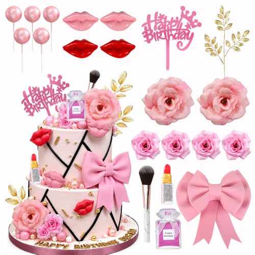 Makeup Cake Topper Set with Artificial Roses and Clay Lipstick for Birthday & Spa Parties