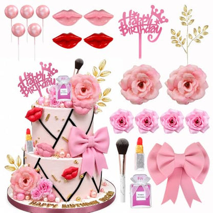 Makeup Cake Topper Set with Artificial Roses and Clay Lipstick for Birthday & Spa Parties