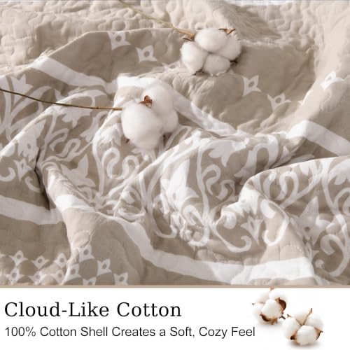 Boho King Quilt Set 100% Cotton Bedding with Pillow Shams - Beige