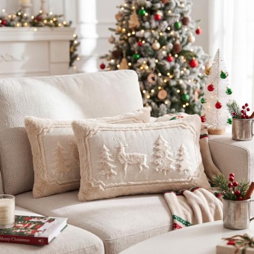 Christmas Tree Deer Lumbar Pillow Covers Set 12x20 Inch - Holiday Decor