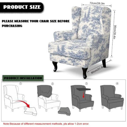 Blue Toile De Jouy Wingback Chair Slipcover Set - Stretch Washable Armchair Protector
