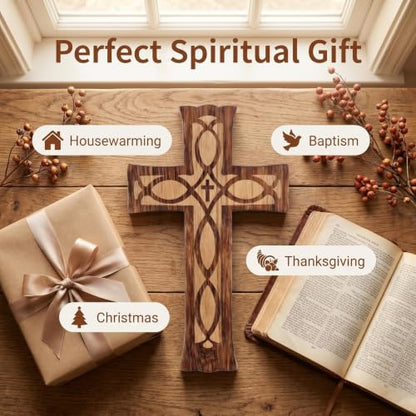 10-Inch Wooden Cross Wall Decor - Handcrafted Religious Jesus Carved Pattern - Ichthys Style