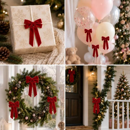 Velvet Christmas Tree Bows with Twist Ties - Red, 12 Pack, 5 x 10 Inches