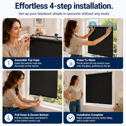 17 W x 42 H Blackout Roller Window Shades Cordless Thermal Insulated UV Blocker