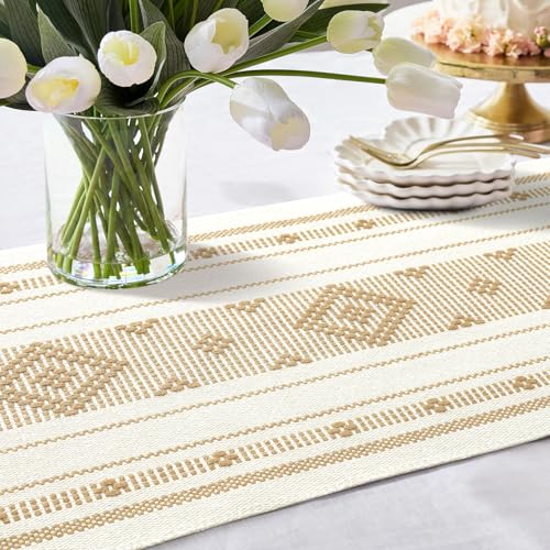 Khaki Boho Rustic Table Runner 13x72 Inches with Tassels for Farmhouse Dining