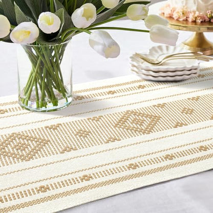 Khaki Boho Rustic Table Runner 13x72 Inches with Tassels for Farmhouse Dining