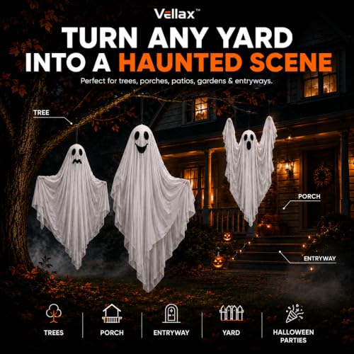 Hanging Halloween Ghost Decorations Set with Unique Faces - Weather-Resistant Indoor Outdoor Ghosts