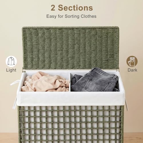 Double Laundry Hamper with Lid and Wood Feet, 120L Handwoven Basket