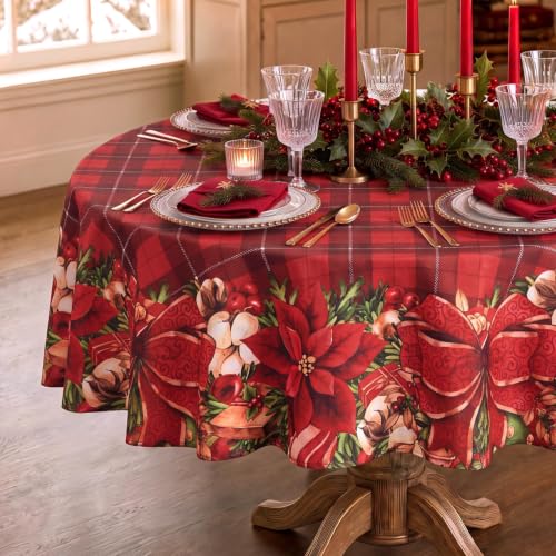 Softalker Christmas Plaid Round Tablecloth 70 Inch - Red Checkered, Flower Variation