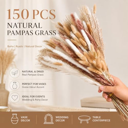 150PCS Dried Pampas Grass Flowers Bouquet for Boho Rustic Home & Wedding Decor