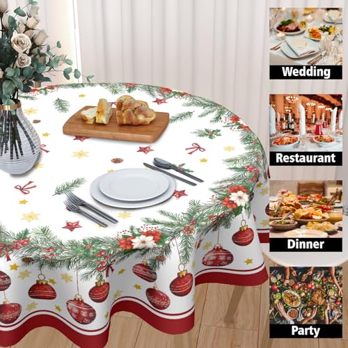 Christmas Round Tablecloth 60 Inch Xmas Bells & Snowflake Pattern - Red Variation