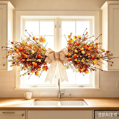 Fall Maple Leaf Pumpkin Berry Wreath with Burlap Bow for Front Door - Autumn Swag - Variation of This Listing: Mini Pumpkin