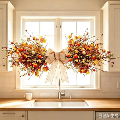 Fall Maple Leaf Pumpkin Berry Wreath with Burlap Bow for Front Door - Autumn Swag - Variation of This Listing: Mini Pumpkin