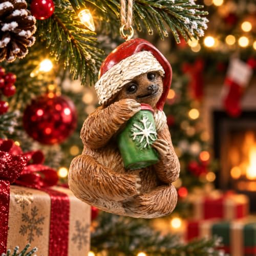 Christmas Holiday Ornament Sloth Sipping Coffee Tree Decor 3 Inch Handmade
