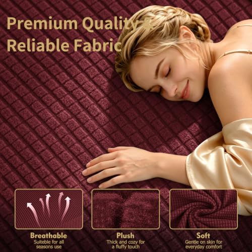3-Piece Recliner Chair Cover Set with Elastic Bottom & Side Pocket - Washable Furniture Protector for Pets & Kids, Wine Red