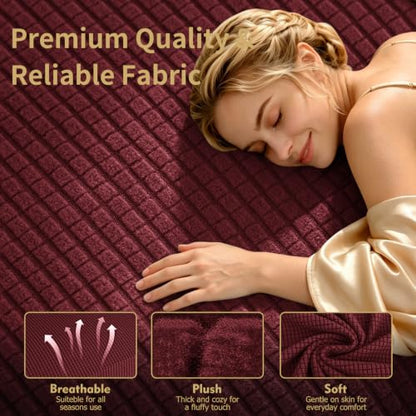 3-Piece Recliner Chair Cover Set with Elastic Bottom & Side Pocket - Washable Furniture Protector for Pets & Kids, Wine Red