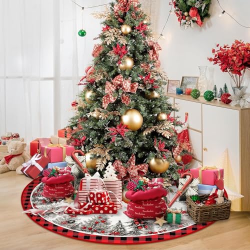 Christmas Tree Skirt 48 Inches Snowflake Rustic Plush Holiday Decor - Red