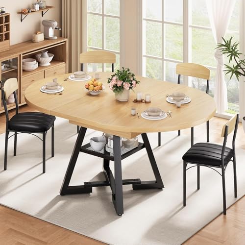 Extendable Round to Oval Dining Table for 4-8 with Open Storage Shelf, Space-Saving Modern Design, Black