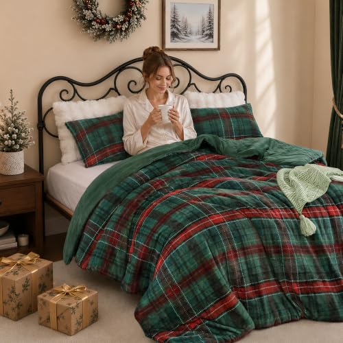 King Comforter Set Green Plaid Flannel 3 Pieces - Christmas Bedding