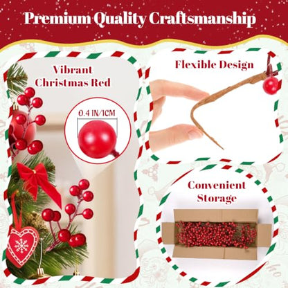 Artificial Red Berry Stems for Christmas Decorations, 6.5 Inch Holiday Wreaths & Arrangements - 40 Pack