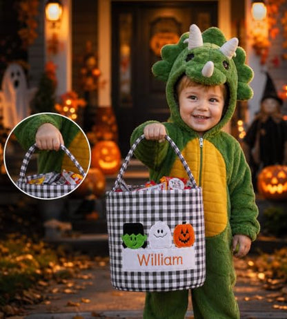 Personalized Halloween Gingham Basket with Embroidered Name - Black
