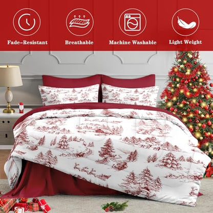 WeCozy Queen Christmas Comforter Set with Sheets - Vintage Holiday 7 Piece Winter Bedding