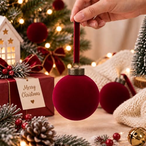 3.15 Inch Velvet Christmas Balls Bulk Set - Red Holiday Tree Ornaments