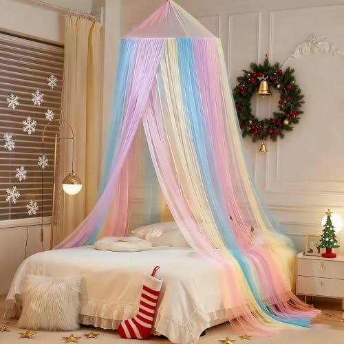 Girls Bed Canopy Rainbow Fly Netting - Breathable & Cute for Bedroom Decor