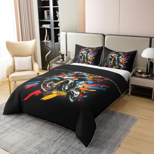 Kids Dirt Bike Duvet Cover Set - Full Size Cotton Racing Motocross Bedding with Zipper Closure - Black Red Variation
