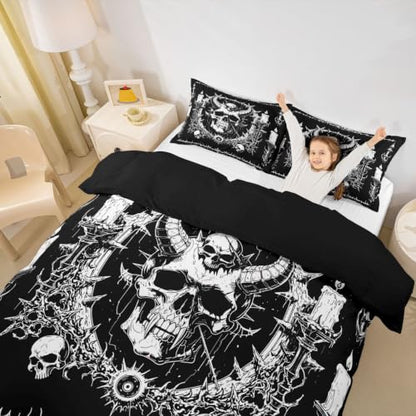 Gothic Skull Duvet Cover Set Full Size Horror Bedding with Moon Skeleton Design for Kids & Teens - No Comforter