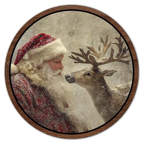 Christmas Santa Reindeer Wooden Wall Art Sign - 10 Inch Holiday Decor - XMAS-2