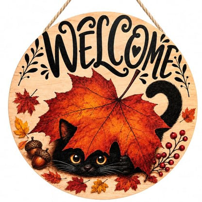 Fall Decor - Autumn Welcome Sign for Front Door - Orange Black - Thanksgiving Wreath