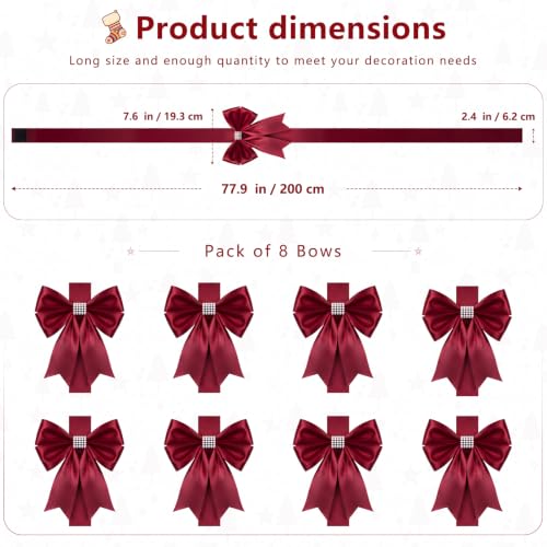 Christmas Cabinet Ribbons Bows - Burgundy Satin Set of 8, 77.9-inch