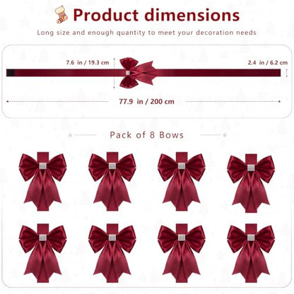 Christmas Cabinet Ribbons Bows - Burgundy Satin Set of 8, 77.9-inch