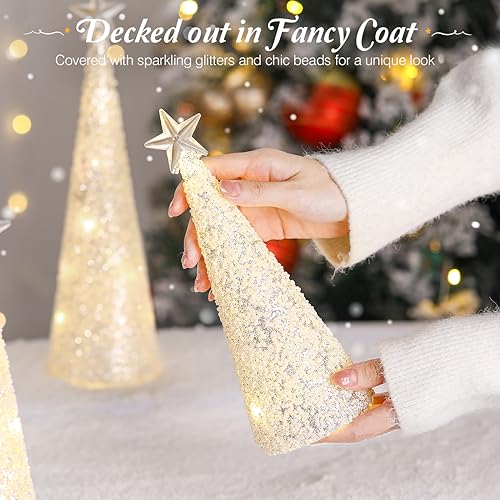 Lewondr LED Glass Christmas Tree Set - White Glitter Beads, 3PCS Variation White