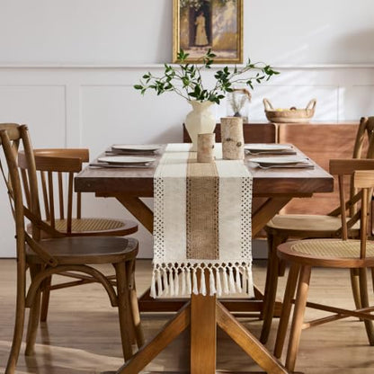 Beige Farmhouse Macrame Table Runner 12x90 Inch for Fall Home Decor
