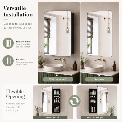 Black Medicine Cabinet with Mirror 20x30 in Recessed or Surface Mount - Black