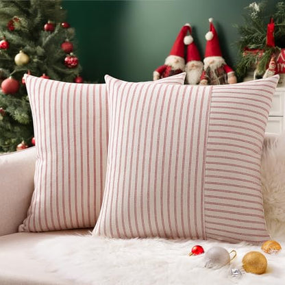 Christmas Pillow Covers 20x20 Set of 2 Red and Cream Striped Linen Decorative Cushion Covers for Couch Bedroom Holiday Decor - Variation of Red / 20" x 20"