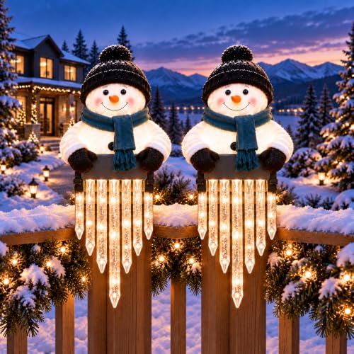 2-Pack Lighted Snowman Railing Decor with Icicle Lights - Winter Holiday