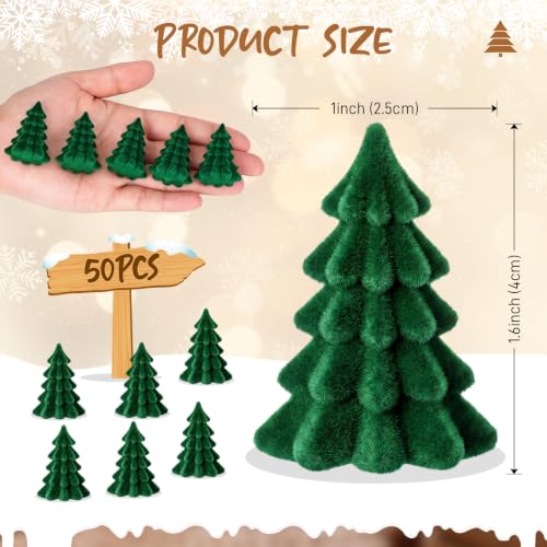 Mini Christmas Tree Figurines 50 Pack Velvet Flocked 1.6 Inch Green