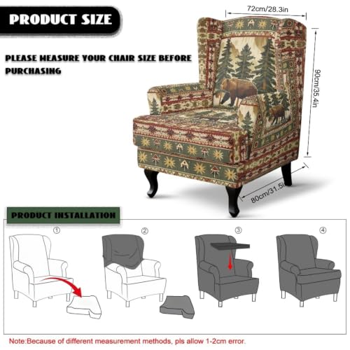Wild Bear Pine Wingback Chair Cover - Rustic Retro Stretch Armchair Slipcover