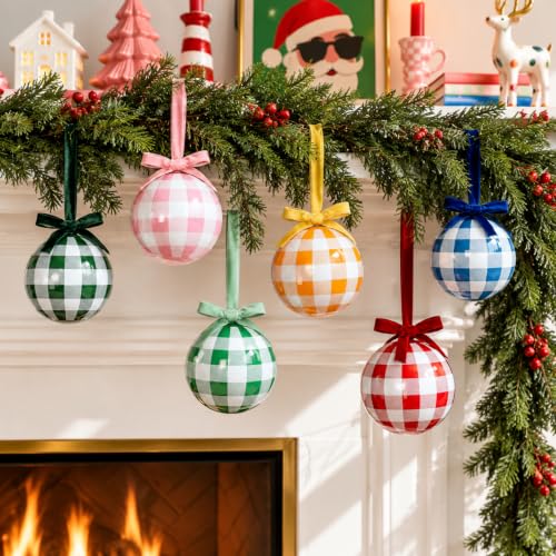 Gingham Plaid Christmas Tree Ornaments - 6 Glass Holiday Decorations with Velvet Bows