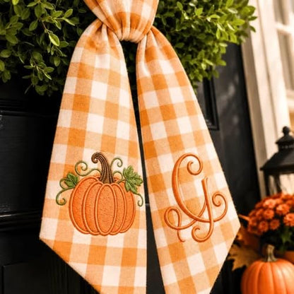 Personalized Pumpkin Wreath Sash - Style 03 Embroidered Monogram Bow for Fall Decor