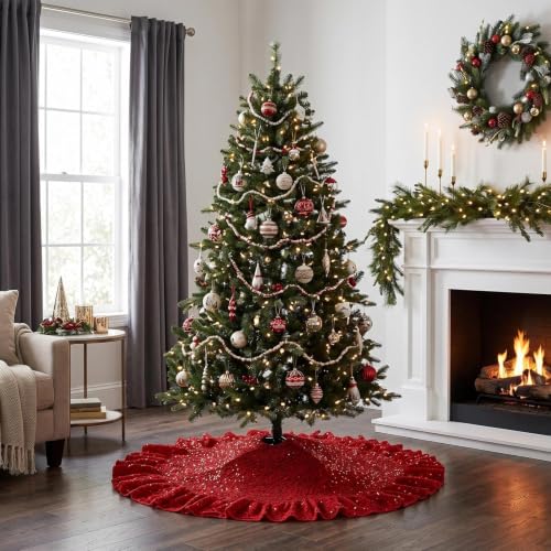 Red Small Ruffled Christmas Tree Skirt 36 Inch for 3-5 Ft Trees - Velvet & Sequin