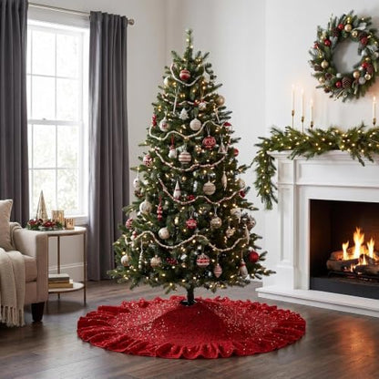 Red Small Ruffled Christmas Tree Skirt 36 Inch for 3-5 Ft Trees - Velvet & Sequin