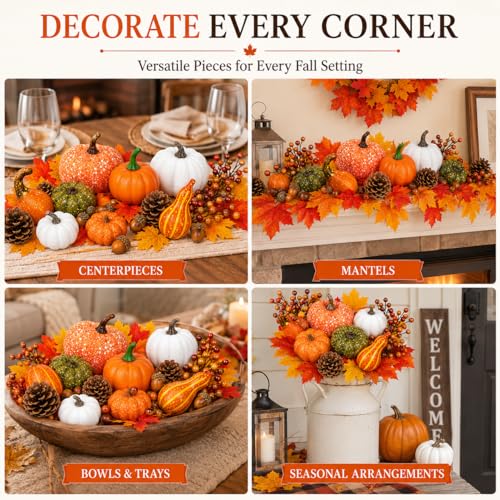 120-Piece Fall Harvest Decor Set with Mini Pumpkins, Gourds & Autumn Accents