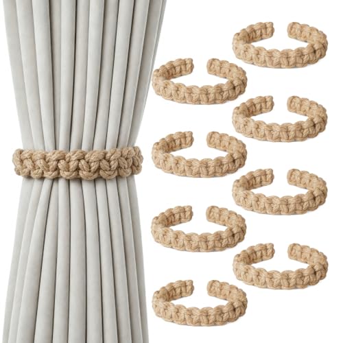 8 PCS Boho Braided Curtain Tiebacks Rustic Brown Natural Rope Home Decor