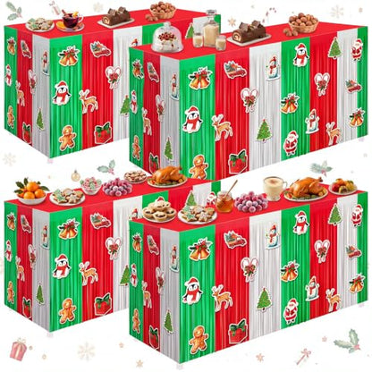 Christmas Table Skirt Set - Red Green White Tinsel Fringe Party Decorations - 4 Pack
