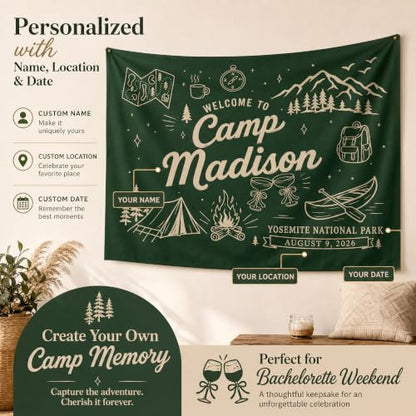 Personalized Camping Tapestry for Bachelorette Party Design 01 - Custom Camp Banner & Welcome Sign