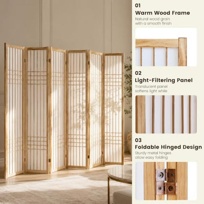 6 Panel Room Divider Folding Privacy Screen Light Brown - ALeesing